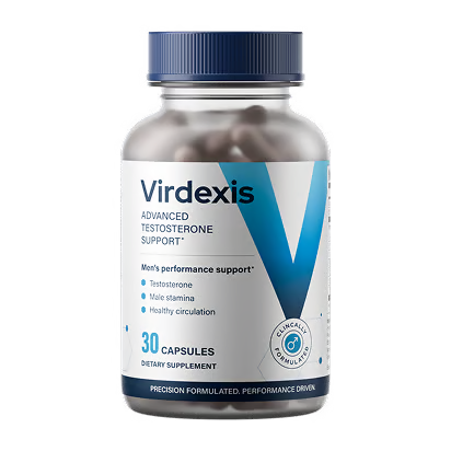 Virdexis-Flasche mit dunkelblauem Deckel und der Angabe 30 Kapseln